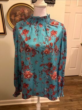 SHEIN Teal Floral Smocked Neck Blouse
